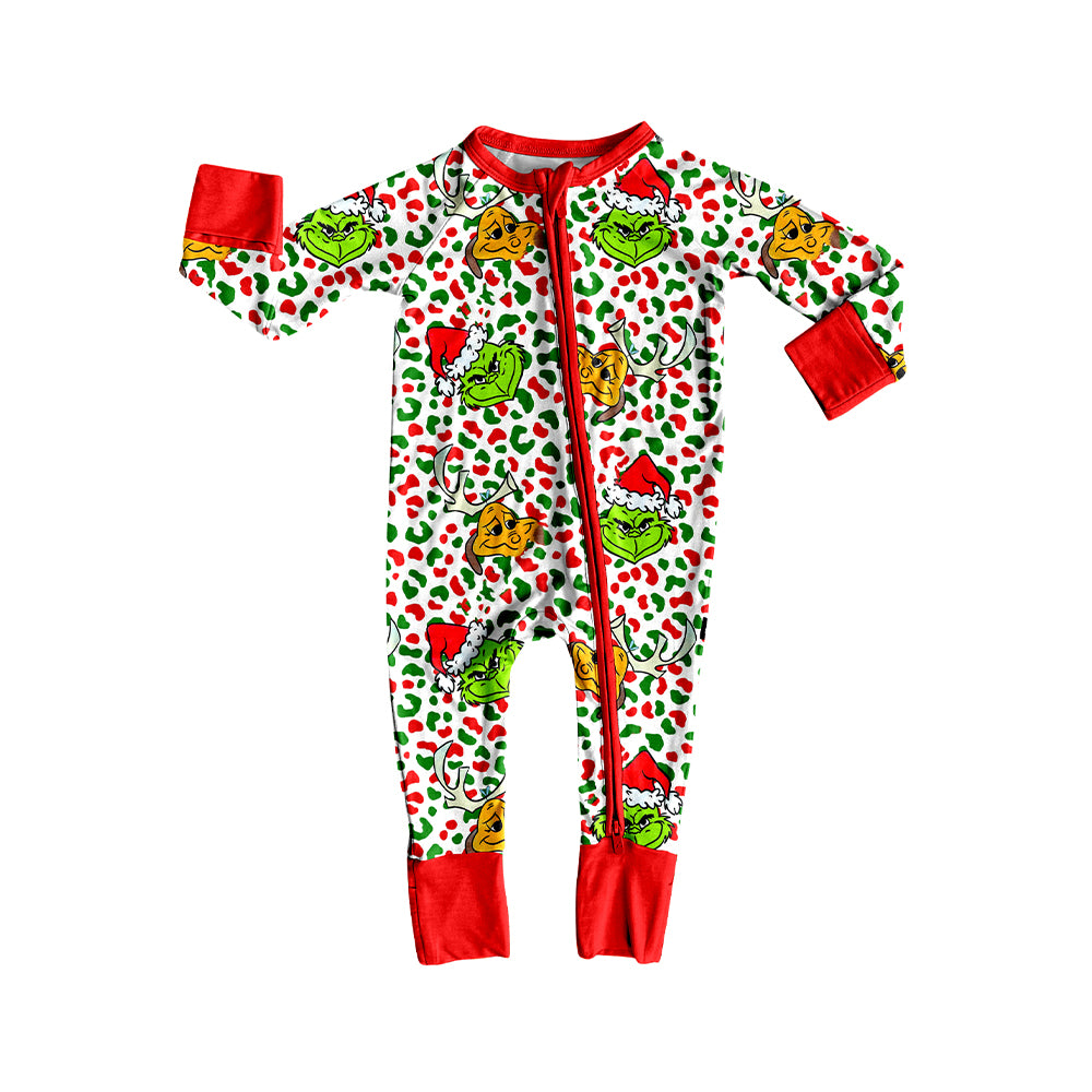 preorder LR2508 Christmas green face green red leopard zipper long sleeve girls romper