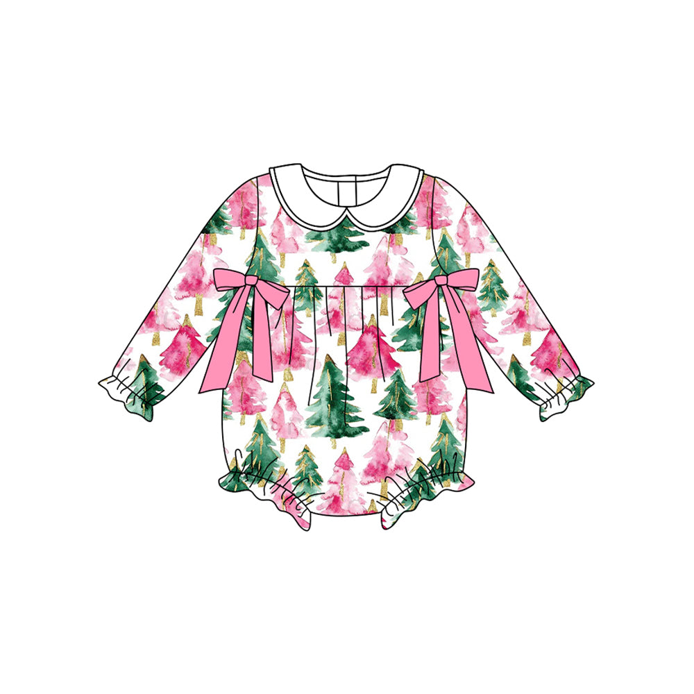 preorder LR2510 Christmas hot pink green tree bows long sleeve girls romper