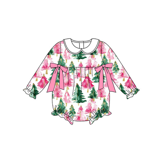 preorder LR2510 Christmas hot pink green tree bows long sleeve girls romper