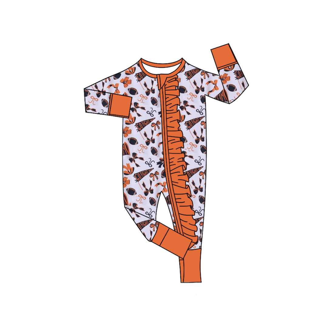 preorder LR2514 cheer black orange football bows zipper long sleeve girls romper
