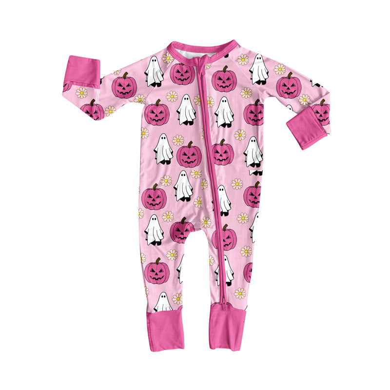 preorder LR2522 Halloween spooky pumpkin hot pink long sleeve zipper girls romper