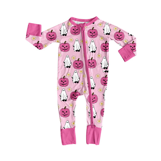 preorder LR2522 Halloween spooky pumpkin hot pink long sleeve zipper girls romper
