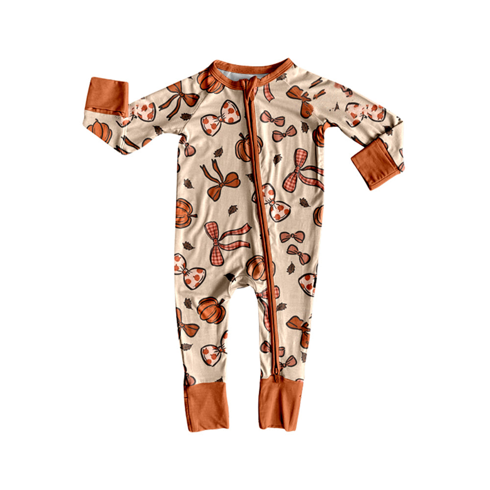 preorder LR2524 Autumn pumpkin orange bows long sleeve zipper girls romper