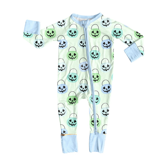 preorder LR2534 Halloween pumpkin blue zipper long sleeve boys romper