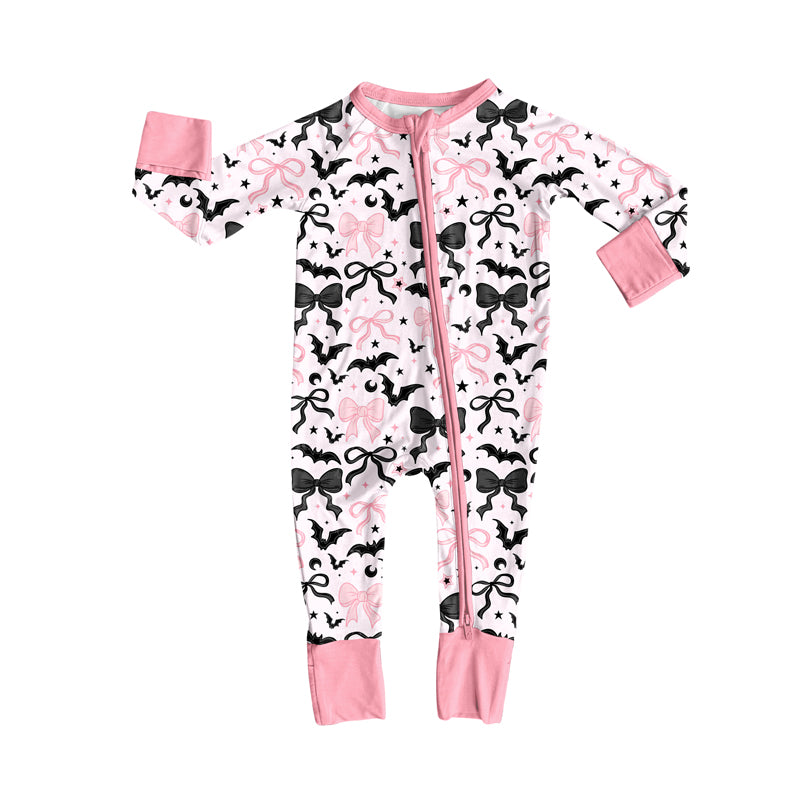 preorder LR2536 Halloween black bows bat pink zipper long sleeve girls romper