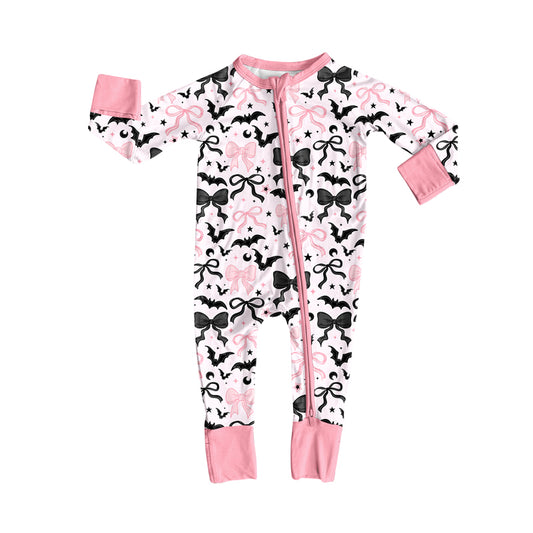 preorder LR2536 Halloween black bows bat pink zipper long sleeve girls romper