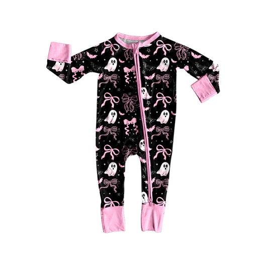 preorder LR2540 Halloween pink bows bat spooky black zipper long sleeve girls romper