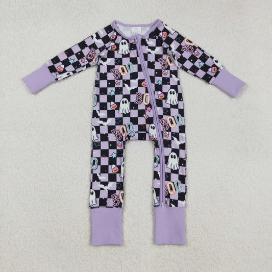 LR2541 Halloween spooky BOO purple black checkered zipper long sleeve girls romper