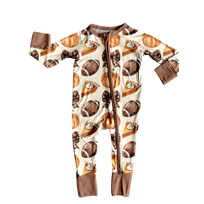 preorder LR2546 football pumpkin pie bows zipper long sleeve girls romper