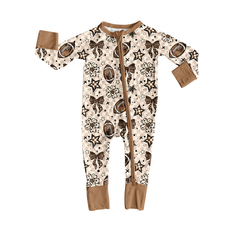preorder LR2547 football flowers star bows checkered zipper long sleeve girls romper