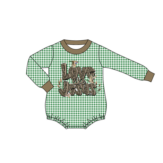 preorder LR2550 love like Jesus hunting mallard duck green checkered long sleeve boys romper