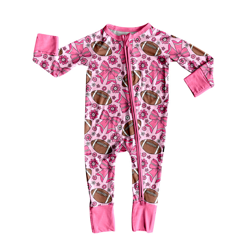 preorder LR2559 football flowers bows hot pink zipper long sleeve girls romper