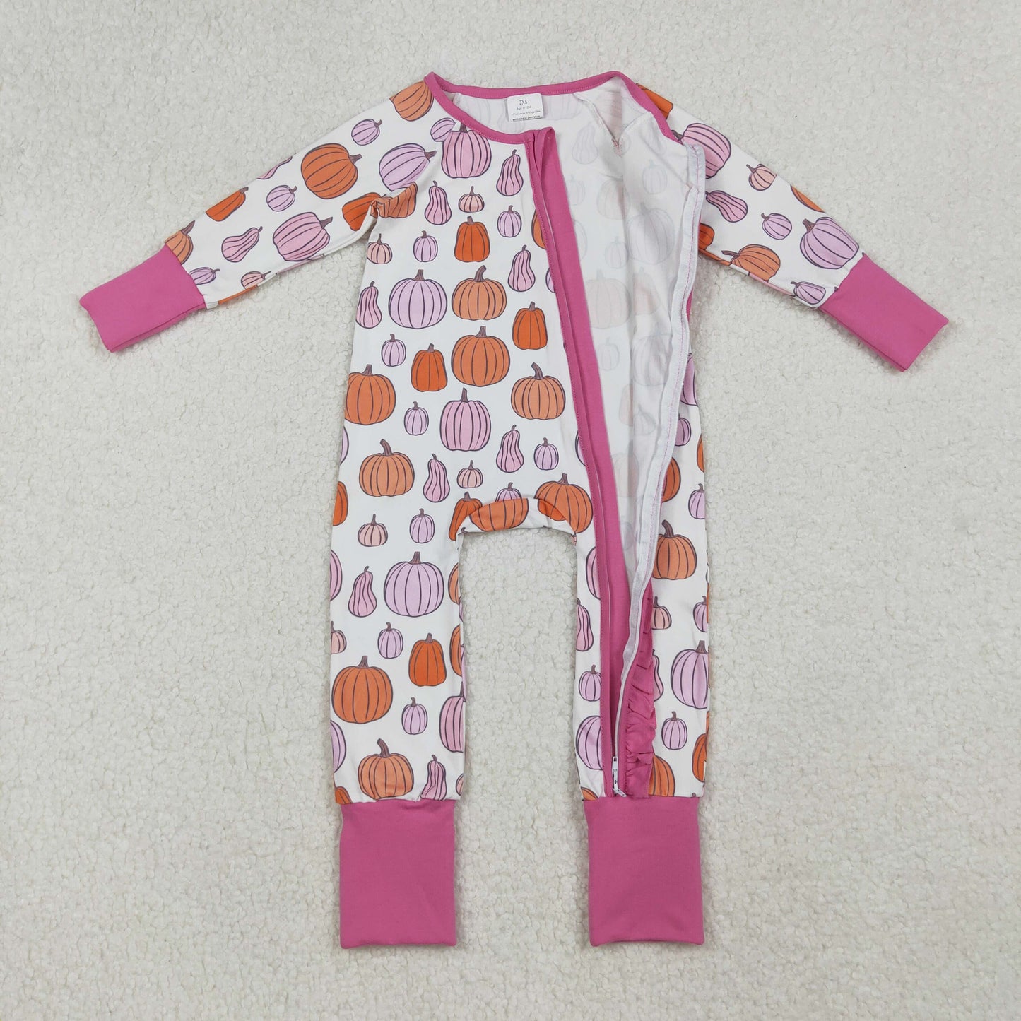 LR2566 orange pumpkin hot pink zipper long sleeve girls romper