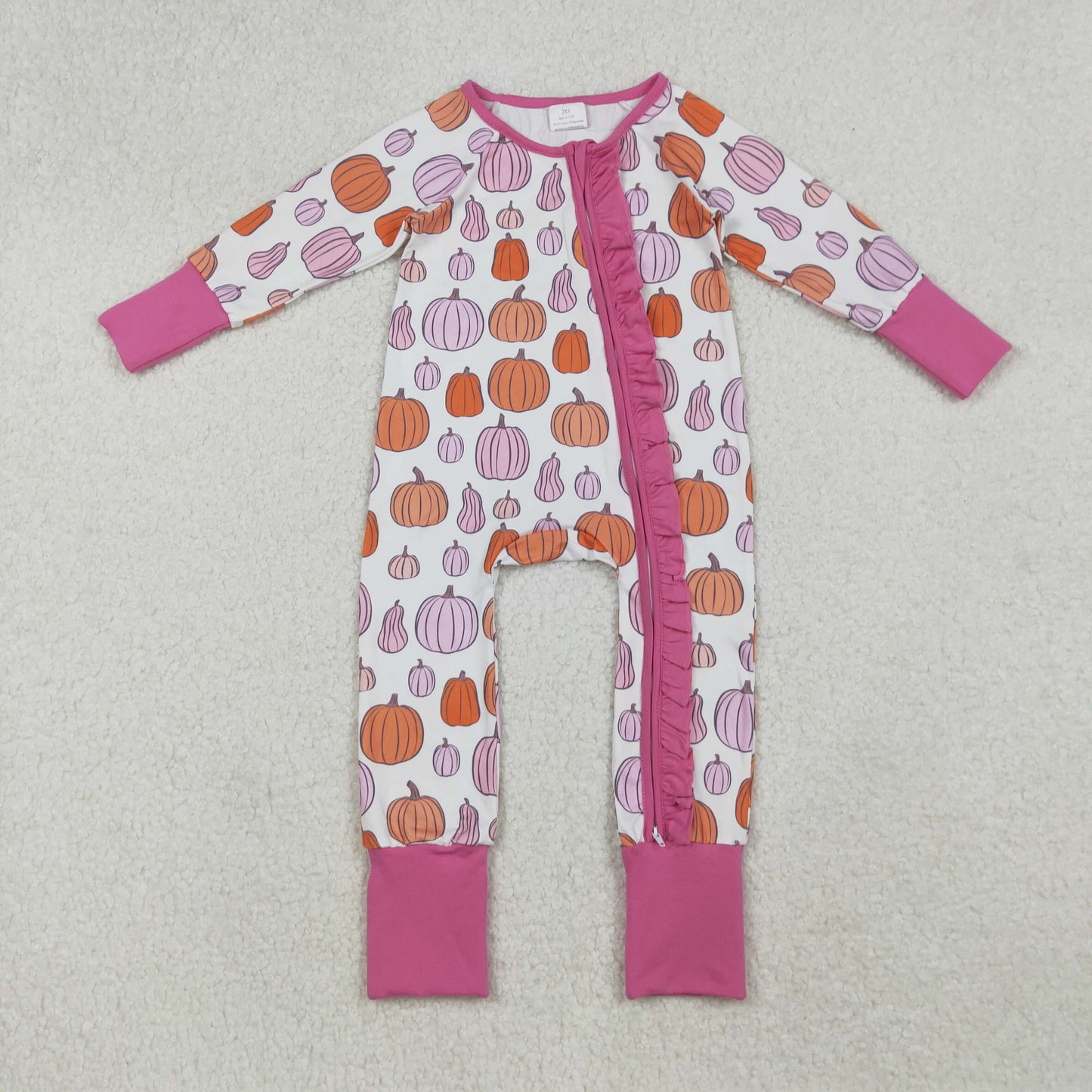 LR2566 orange pumpkin hot pink zipper long sleeve girls romper