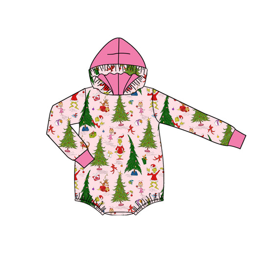 preorder LR2569 Christmas green face tree pink hoodie long sleeve girls romper