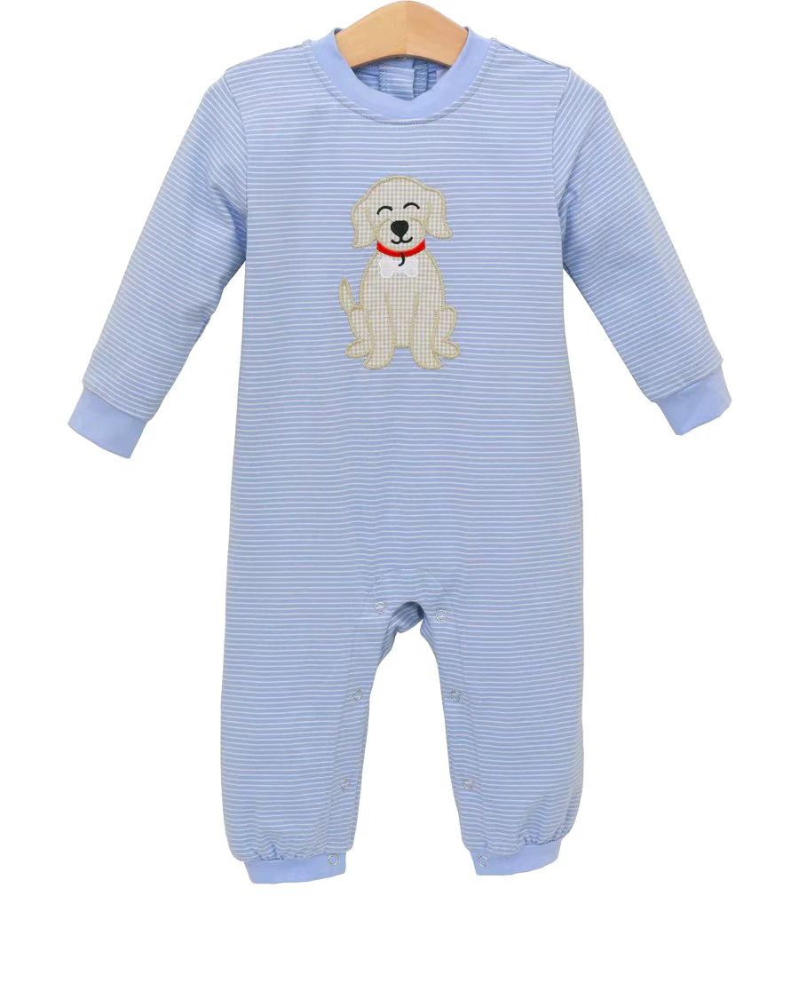 preorder LR2579 cute dog pet blue striped long sleeve boys romper