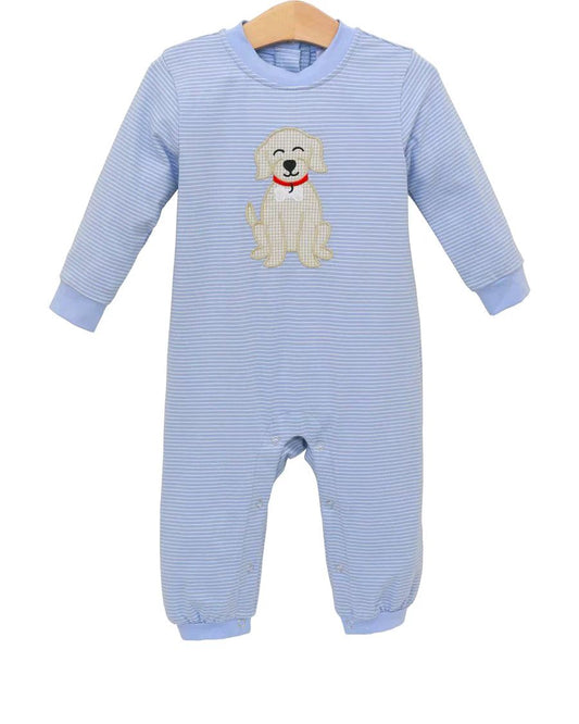 preorder LR2579 cute dog pet blue striped long sleeve boys romper