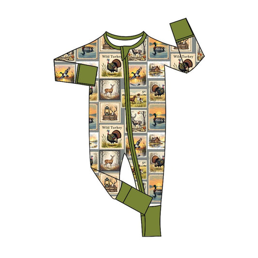 preorder LR2583 hunting wild turkey deer mallard dog green zipper long sleeve boys romper