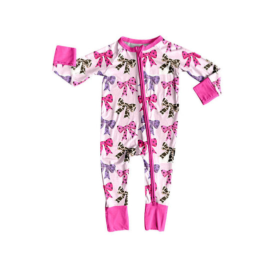 Custom moq 20 bamboo Western howdy coquette bows hot pink zipper long sleeve girls romper
