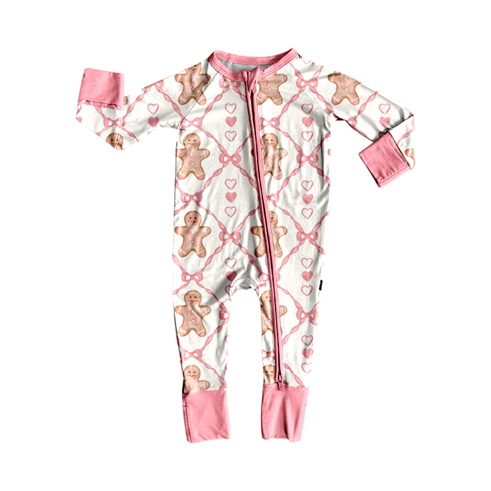 preorder LR2589 Christmas gingerbread man pink heart bows zipper long sleeve girls romper