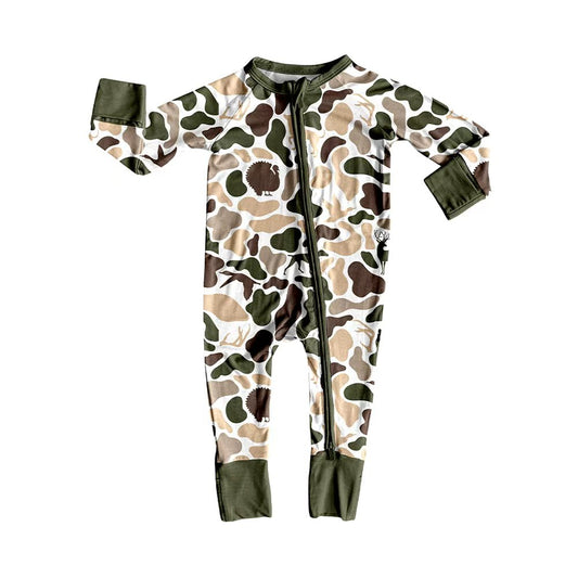 Custom moq 20 bamboo hunting mallard duck camo zipper long sleeve boys romper