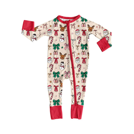 preorder LR2595 Christmas Santa cane candy bows zipper long sleeve girls romper