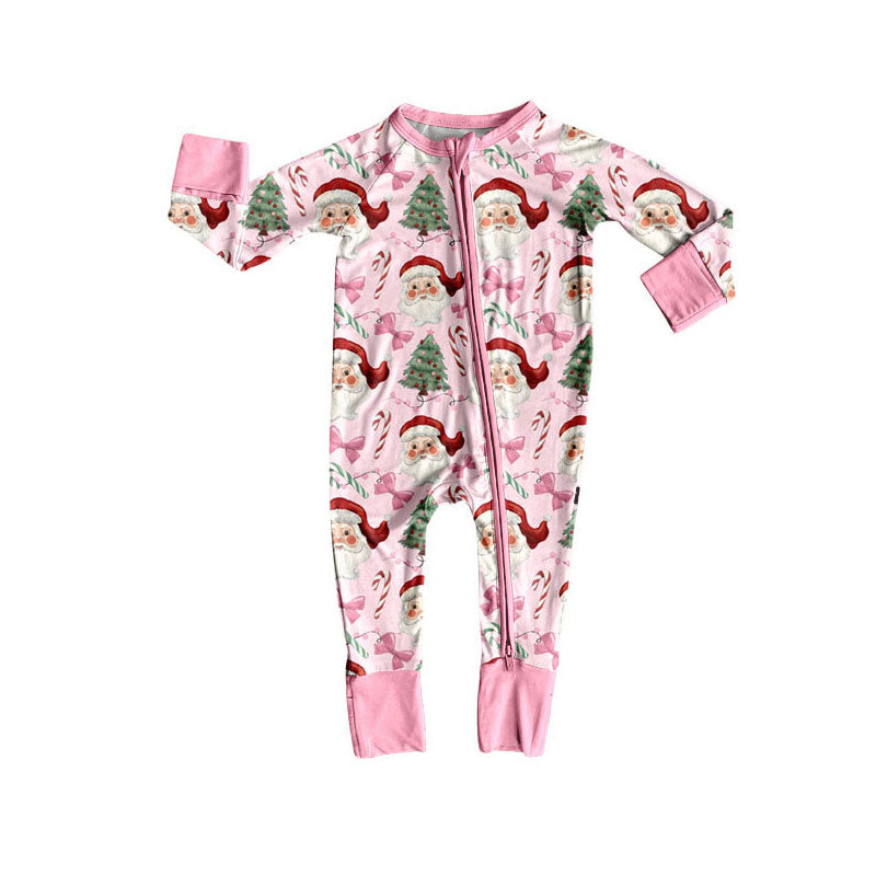 preorder LR2597 Christmas Santa tree bows pink zipper long sleeve girls romper