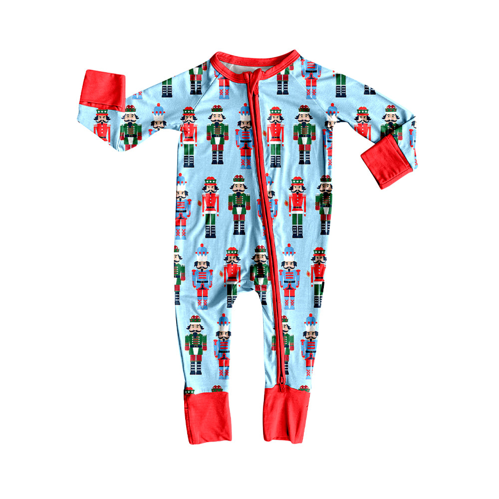 Custom moq 20 bamboo Christmas soldier blue long sleeve zipper boys romper