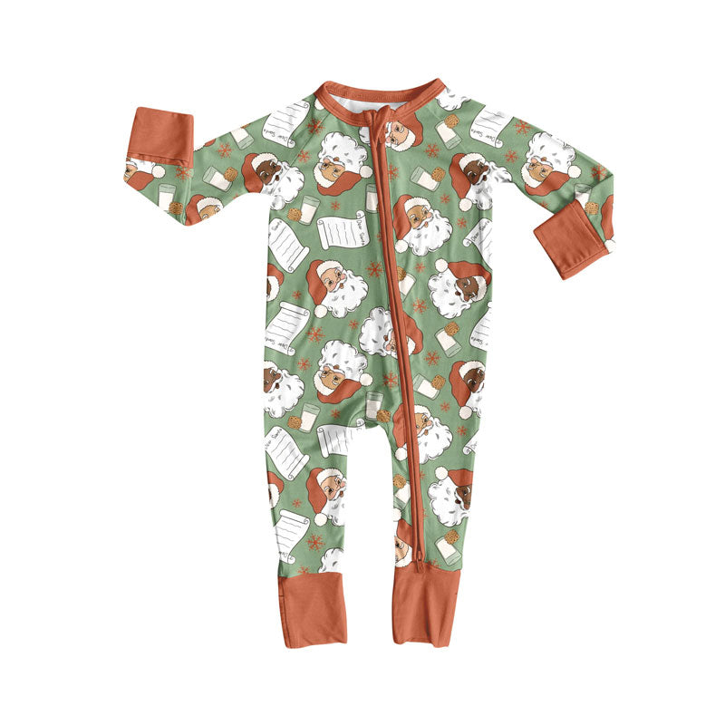 Custom moq 20 bamboo Christmas Santa green zipper long sleeve boys romper