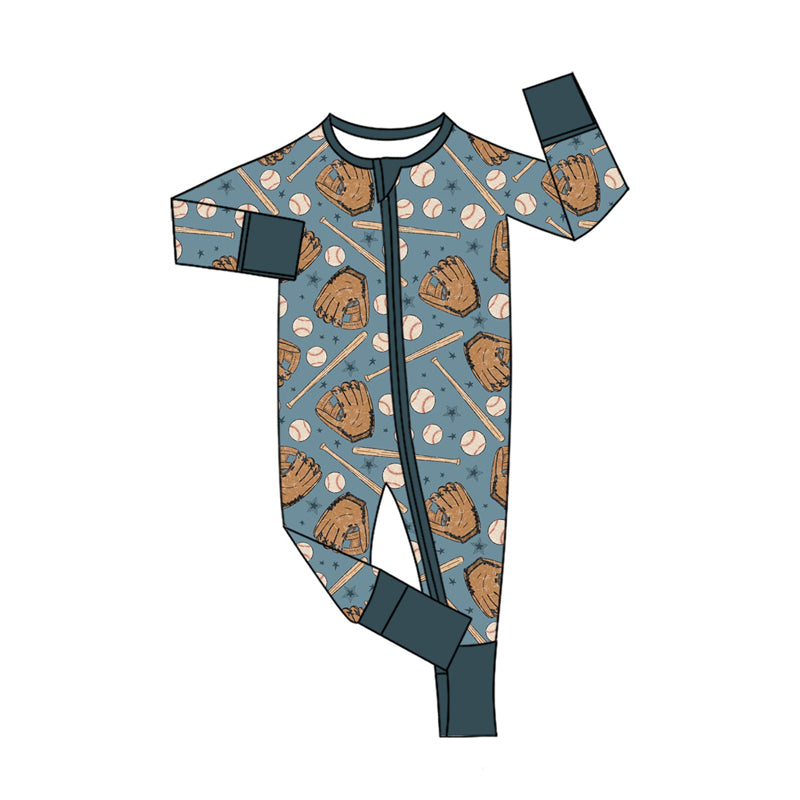 preorder LR2605 play football blue zipper long sleeve boys romper