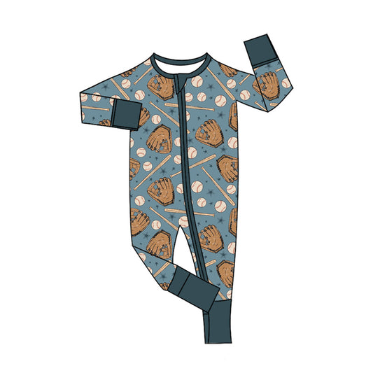 preorder LR2605 play football blue zipper long sleeve boys romper