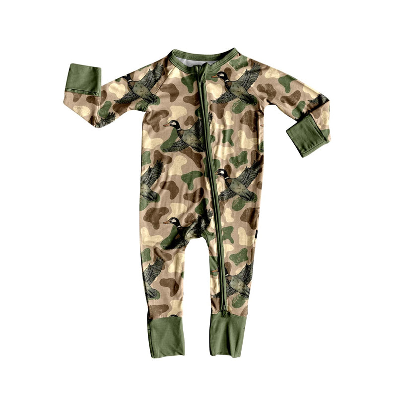 Custom moq 20 bamboo hunting malalrd duck dog camo zipper long sleeve boys romper