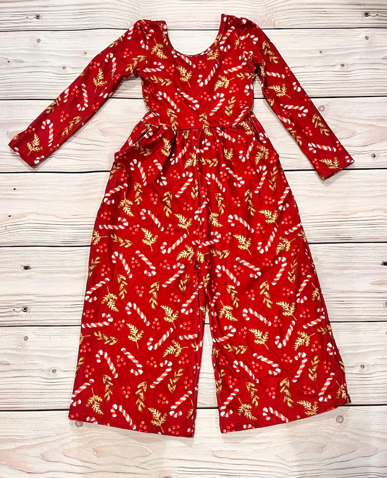 preorder LR2609 Christmas cane candy holly berry red long sleeve girls jumpsuits