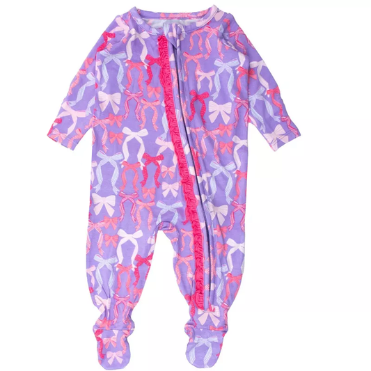 Custom moq 20 bamboo colorful bows purple zipper long sleeve girls romper