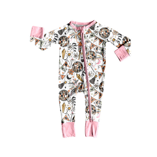 Custom moq 20 bamboo happy new year light zipper long sleeve pink grils romper