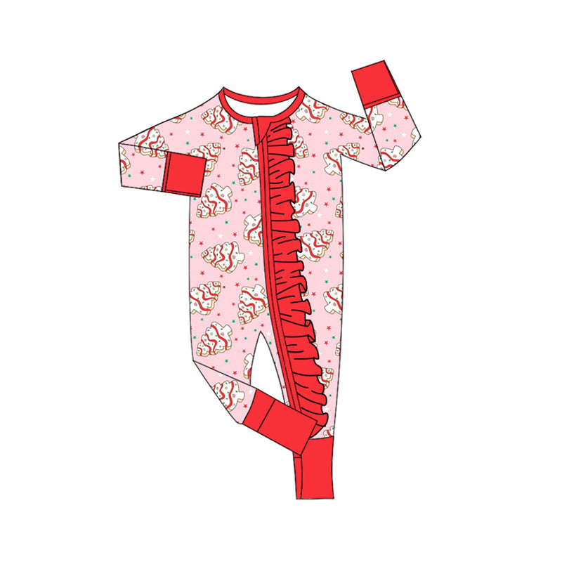 Custom moq 20 bamboo Christmas tis the season tree cake pink zipper long sleeve girls romper
