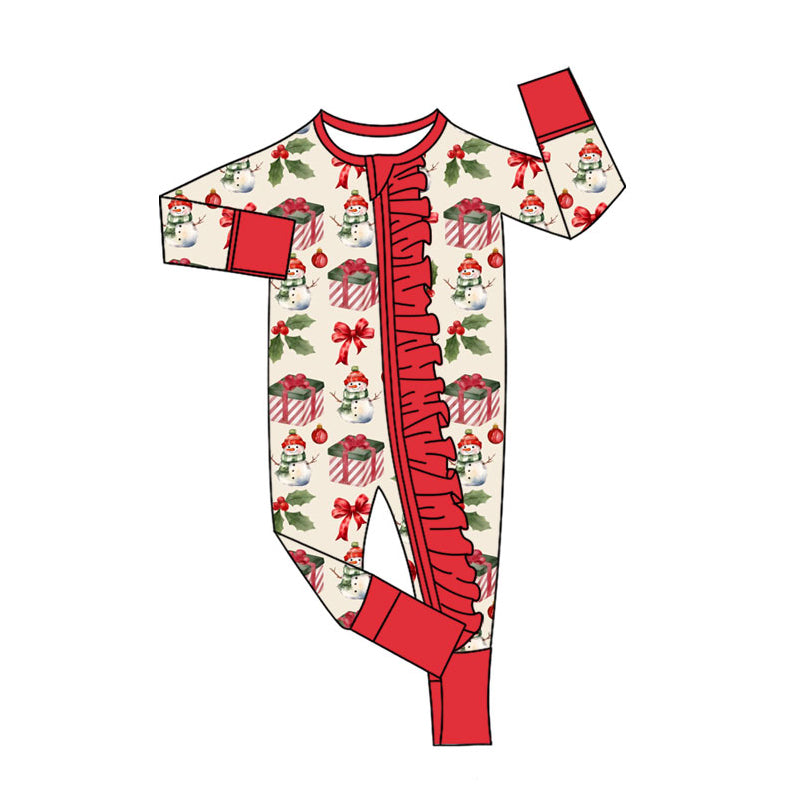 preorder LR2617 Christmas snowman holly berry red zipper long sleeve girls romper