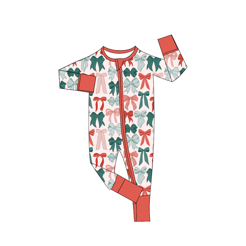 Custom moq 20 bamboo Christmas green red bows zipper long sleeve girls romper