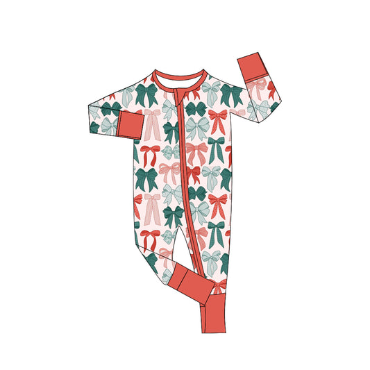 Custom moq 20 bamboo Christmas green red bows zipper long sleeve girls romper