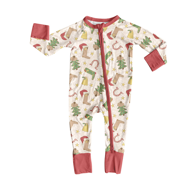 preorder LR2625 Christmas Western boot tree red zipper long sleeve girls romper