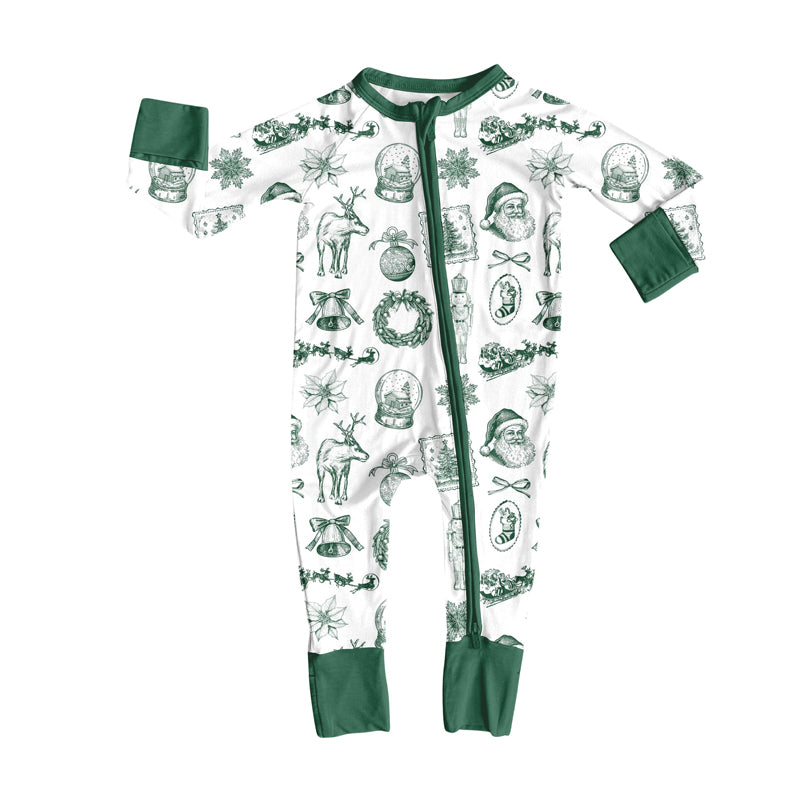 preorder LR2627 Christmas deer Santa green zipper long sleeve girls romper