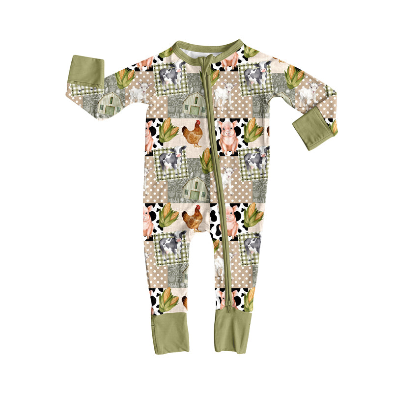 preorder LR2629 farm chick pig animals green zipper long sleeve boys romper