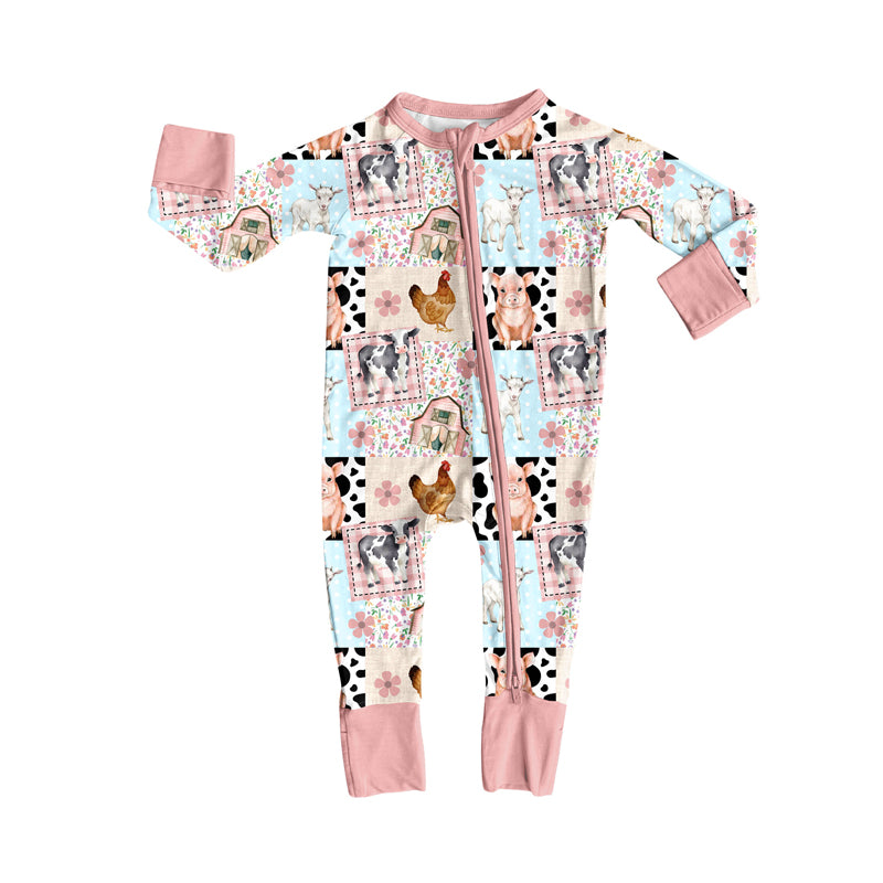 preorder LR2630 farm chick pig animals flowers pink zipper long sleeve girls romper