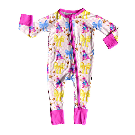 preorder LR2631 Christmas tre blue/yellow bows hot pink checkered zipper long sleeve girls romper