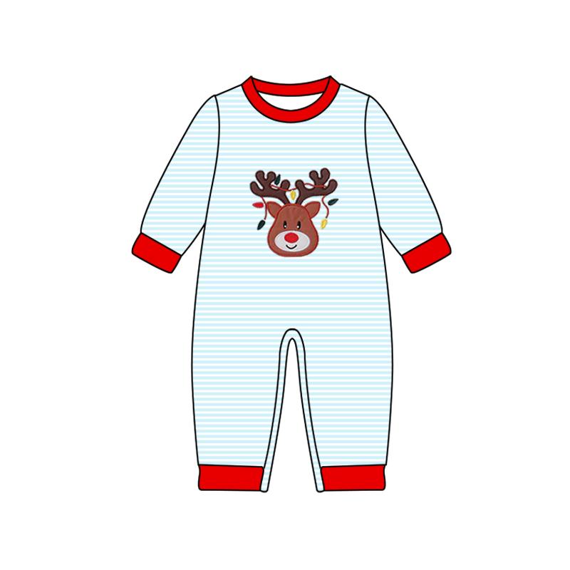 preorder LR2640 Christmas deer light blue striped long sleeve boys romper