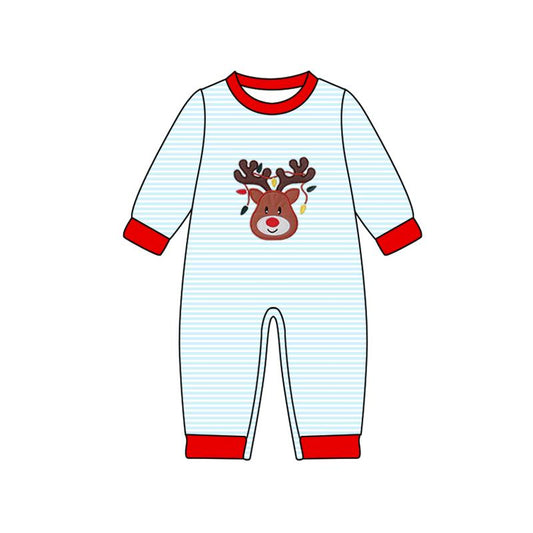 preorder LR2640 Christmas deer light blue striped long sleeve boys romper