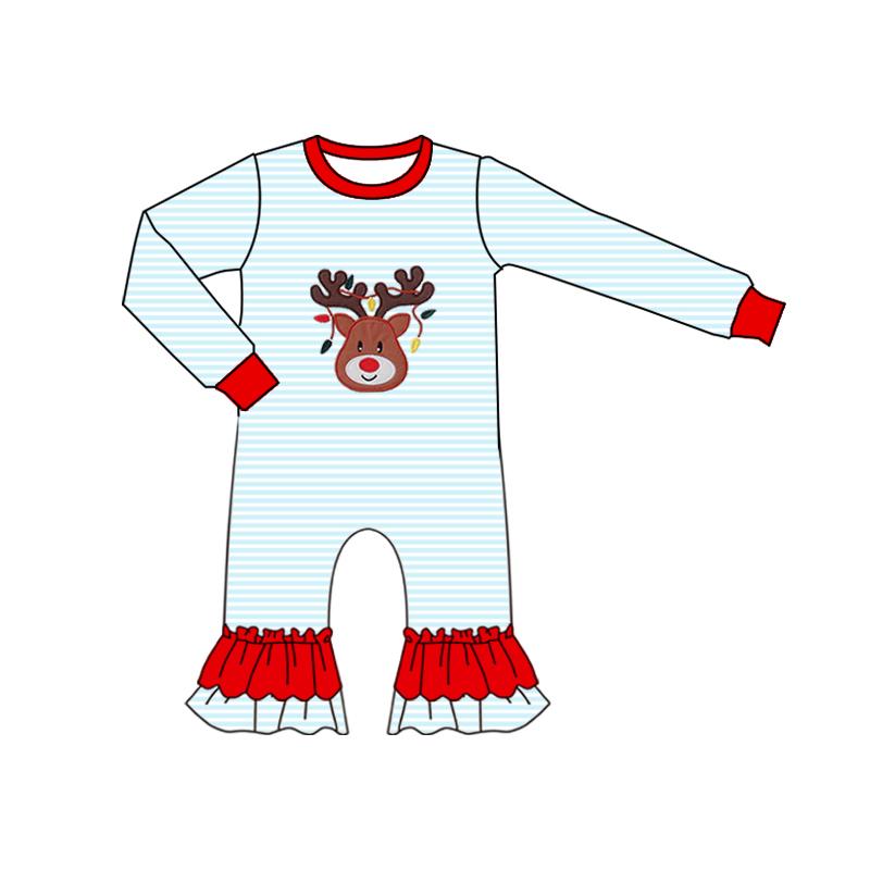 preorder LR2641 Christmas deer light blue striped long sleeve girls romper