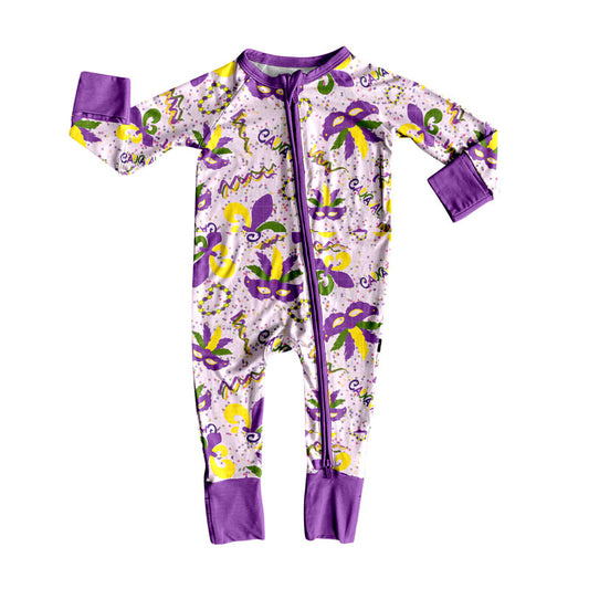 preorder LR2643 Mardi Gras mask purple zipper long sleeve girls romper