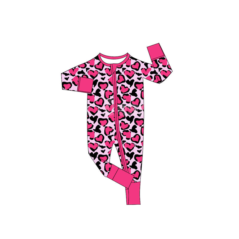preorder LR2644 Valentine's Day heart hot pink zipper long sleeve girls romper