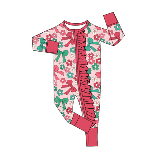 preorder LR2649 Christmas green/red bows flowers pink zipper long sleeve girls romper